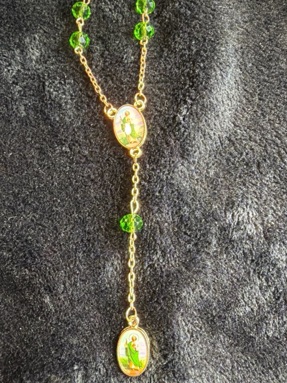 Gold-Tone Green Bead Religious Lariat Necklace